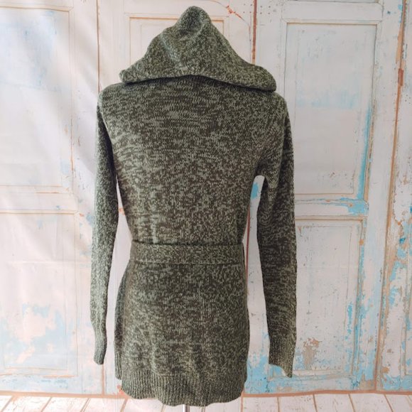 Derek Heart long sleeve hooded  knit cardigan duster sweater w tie/M/green - Picture 7 of 11